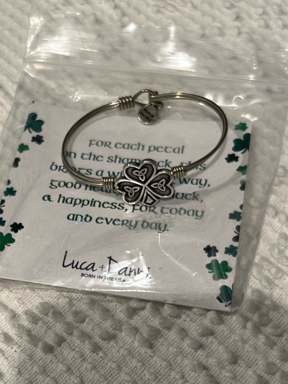 Luca + Danni Celtic Shamrock Bangle Bracelet, IOB, Petite, Silver Tone, USA Made